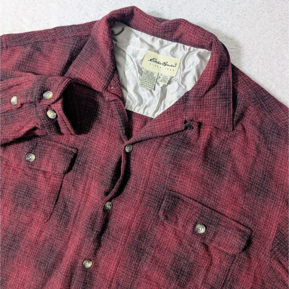 Vintage Eddie Bauer Men's XL Tall 1990s Red Plaid WOOL Long Sleeve Shirt Flannel